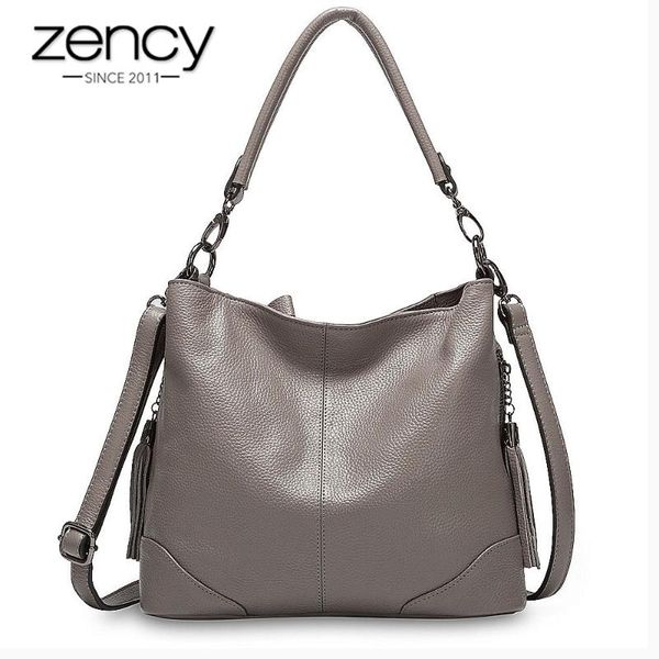

zency 100% genuine leather grey handbag fashion lady shoulder bag with tassel crossbody casual hobos purple black