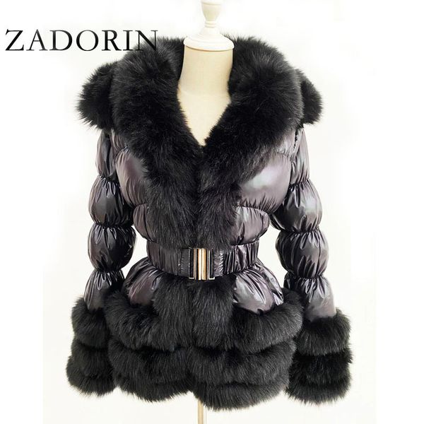 

zadorin 2020 winter warm down jacket women furry faux fur collar white duck down jacket winter down coat with hooded and belt, Black;white