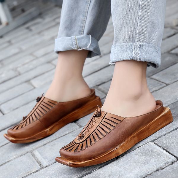 

vallu 2020 spring national wind square head casual baotou sandals handmade leather hollow single shoes beach outdoor, Black