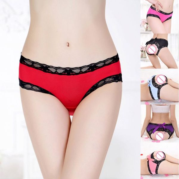 

women open bupanties big bowknot floral lace trim hollow lingere briefs, Black;pink