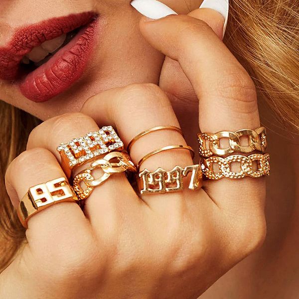 

9pcs/set ins fashion crystal years number ring set for women girls rhinestone twisted cuba chain silver gold rings set jewelry