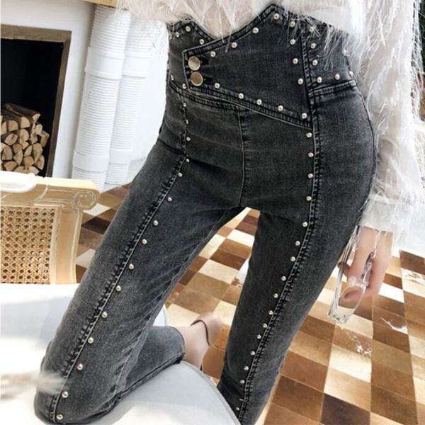 

2020 autumn fashion beaded skinny jeans women high waist zipper ankle length pencil jeans, Blue