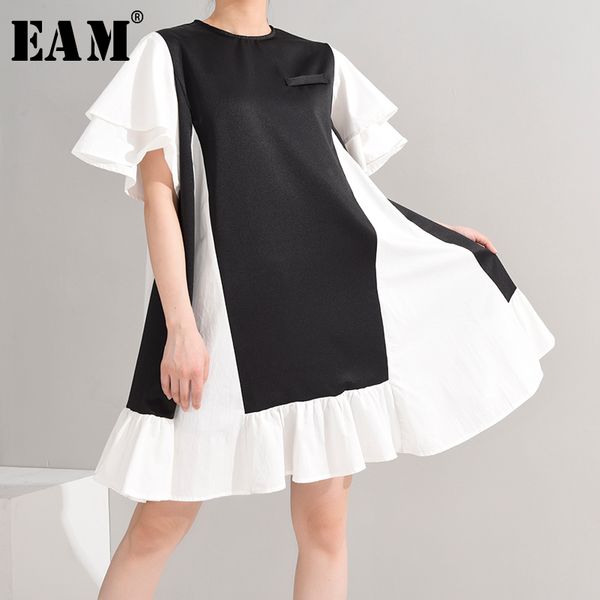 

[eam] women black ruffles split midi dress new round neck short sleeve loose fit fashion tide spring summer 2020 1u49501, Black;gray