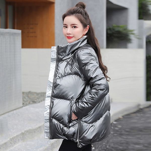 

women's down & parkas winter jacket women short style plus size shiny woman stand collar loose solid glossy cotton padded casual coats, Black