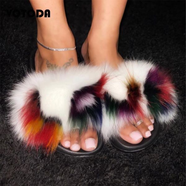 

new women fur slippers female 100% real fur slides home fluffy flat sandals woman beach furry flip flops ladies plush shoes, Black