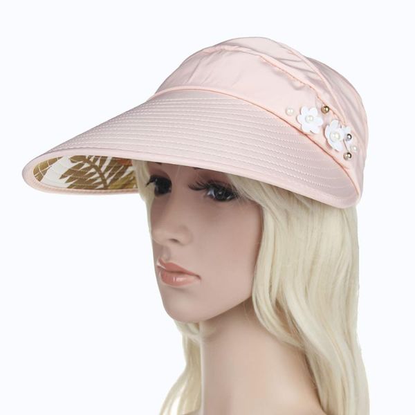 

wide brim hats 1pcs summer women sun casual canvas beach cap girls pearl with flower visor uv protection female 2021, Blue;gray