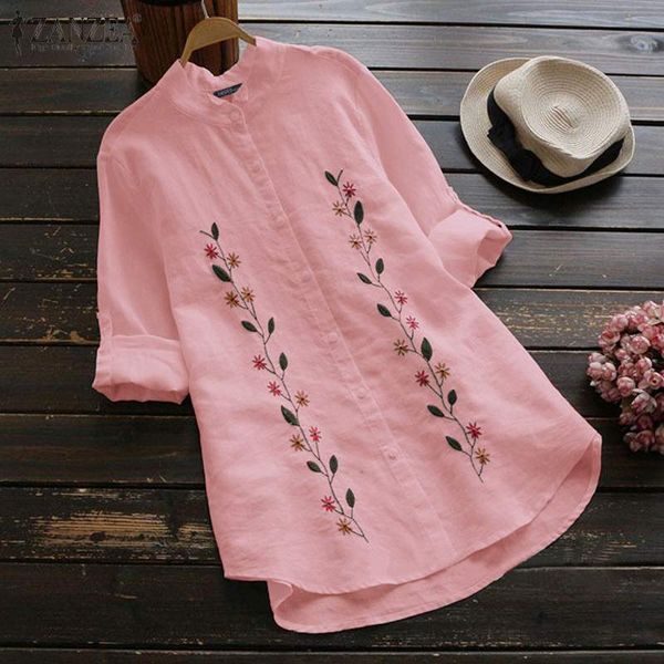

women's embroidery shirts zanzea casual long sleeve blouse female lapel floral blusas female casual button tunic oversized, White