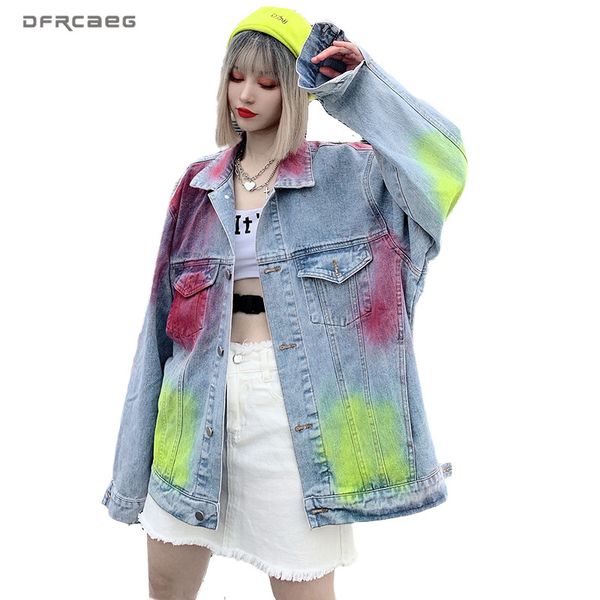 

oversized lacquer painted graffiti denim jackets womens 2020 autumn long sleeve loose vintage bf coats harajuku jackets jeans, Black;brown