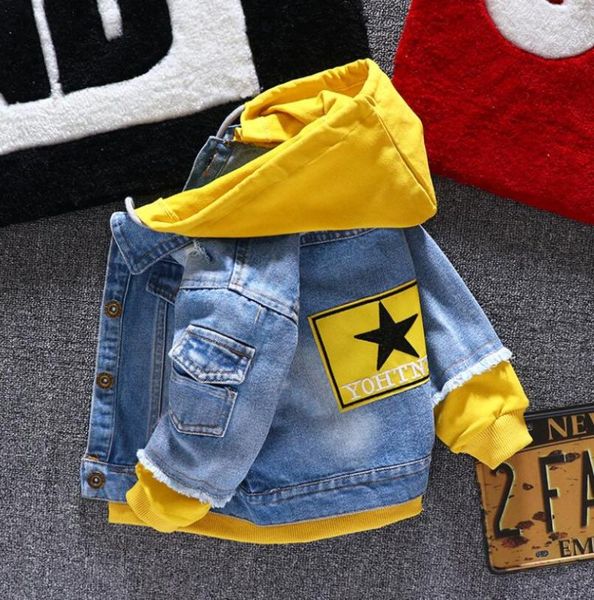 

boy girl denim jackets kids jeans coat children splice outerwear clothing spring autumn boy hooded sport clothes for 1-6t, Blue;gray