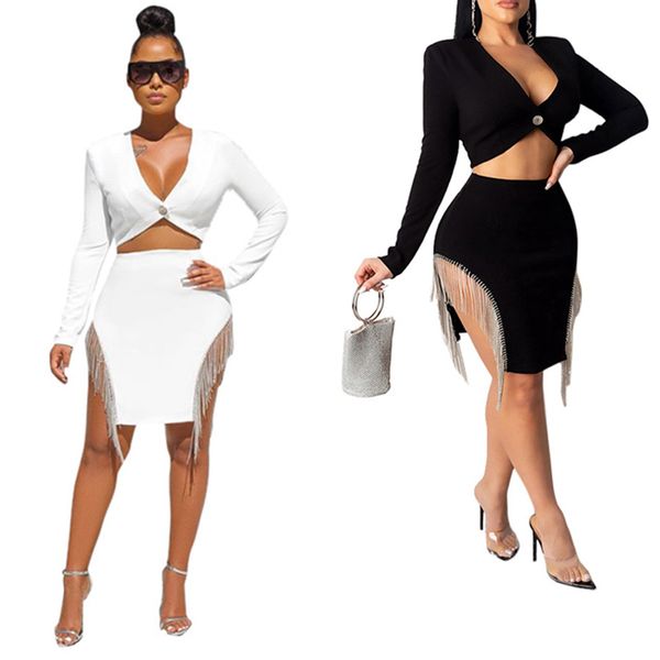 

women sets v-neck full sleeve crop coat tassel skirt solid tracksuits night club party two piece suit x0923, Gray