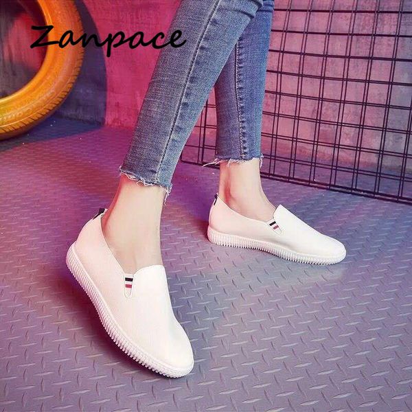 

zanpace 2020 new women's flat shoes casual round toe slip-on white shoes woman loafers autumn breathable platform women, Black