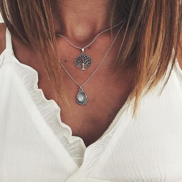 

new style necklace european and american fashion australian baby stone tree of life double necklace women ladies, Silver