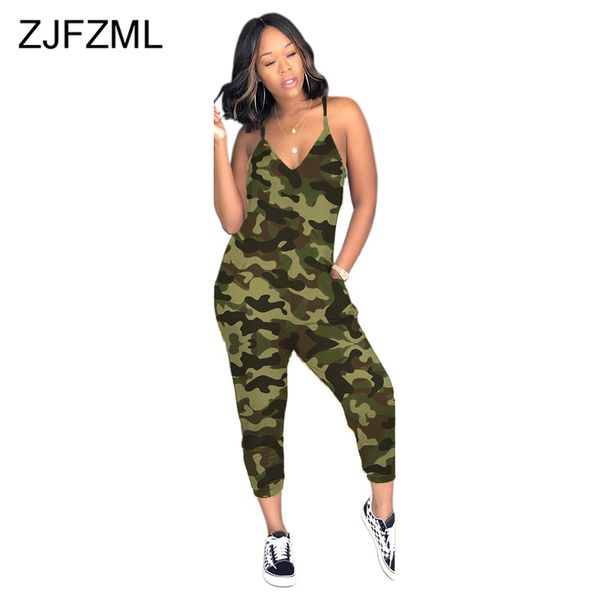 

camouflage print bodycon jumpsuit women spaghetti strap backless one piece overall summer deep v neck sleeveless playsuit, Black;white