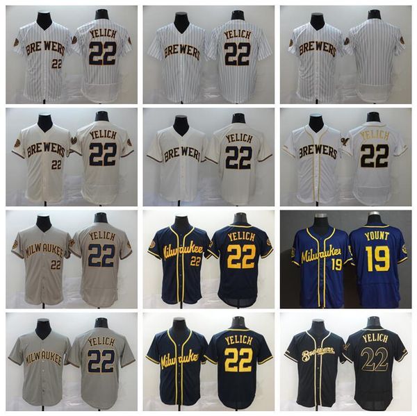 

2020 men baseball 22 christian yelich jersey 19 robin yount flexbase pinstripe cool base navy blue white grey all stitched good quality, Blue;black