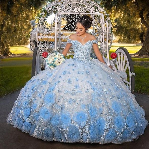 2021 Baby Blue Bonbon 16 Quinceañera Kleider für Mädchen 3D-Blumen-Spitze-Schatz-Spitze-up Ballkleid Abschlussballkleid vestidos de 15 años