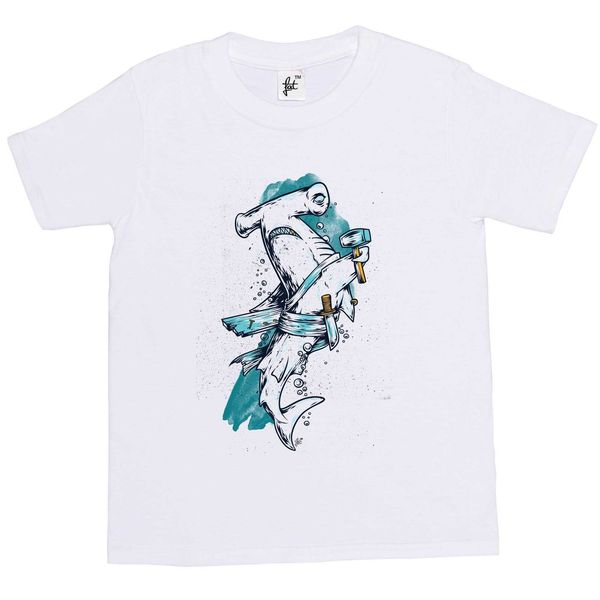 

t-shirt summer novelty cartoon t shirt hammerhead shark pirate with sword fixing ship kids boys / girls t-shirt movie shirt