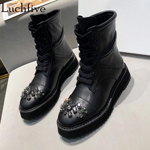

diamond round toe women boots genuine leather shoes woman lace up platform ankle boots black botas feminina