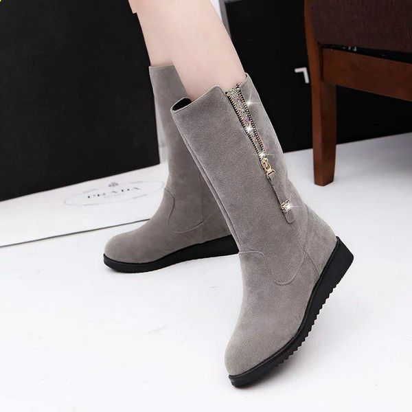 

large size 35-44 mid-calf botas winter warm fur knee high boots women knight boots low heels side zipper female black