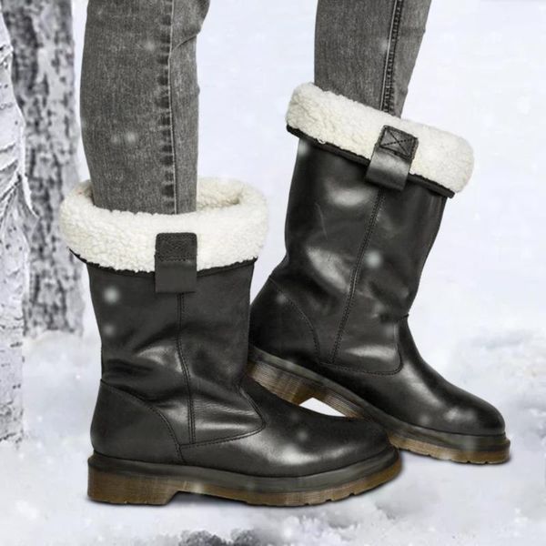 

sagace snow boots women solid color leather round toe slip-on vintage mid calf boots winter keep warm round toe snow shoes o30, Black