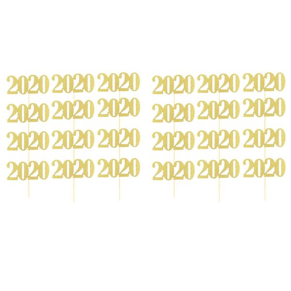 

jhd-24pcs/pack glitter 2020 new year party cake er placard number shape cupcake er flags sticks decoration for home, Blue;gray