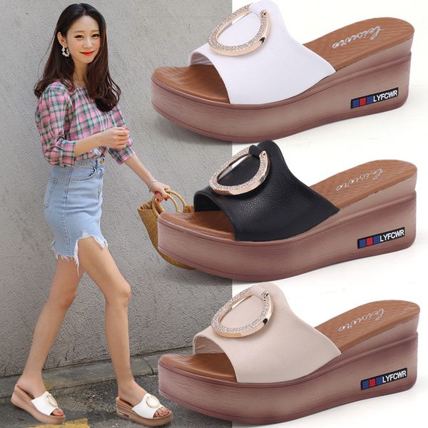 

наклонная каблука тапочки женщины summer wear all-матч высокий каблук платформа hollow кожа line-стилизации тапочки женщин, Black