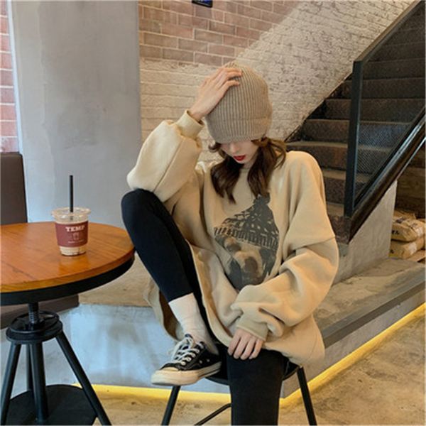

women 's sweatshirt autumn 2020 korean style animal bear print plus velvet sweatshirts o-neck long-sleeved loose fluffy, Black