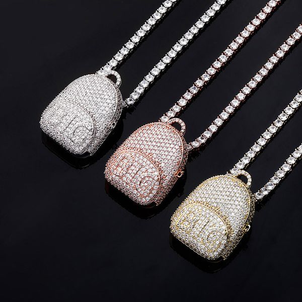 

unique fashion design gold silver color iced out bling cz big schoolbag pendant necklace with 24inch rope chain for men women