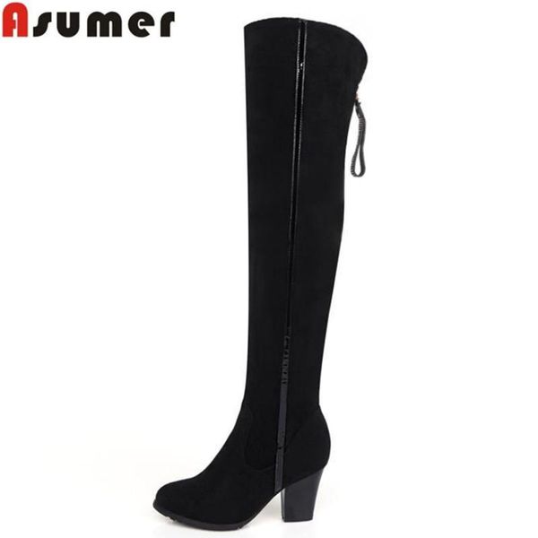 

boots asumer arrive genuine leather thick heels over the knee women motorcycle winter shoes, Black