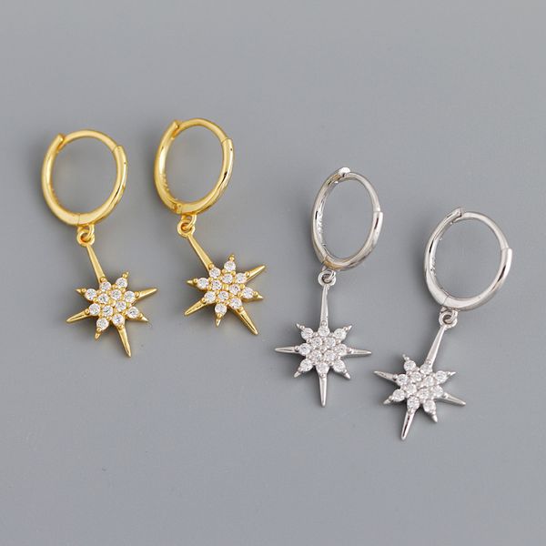 

18k gold 8.6mm 925 sterling silver clear cz zircon set hip hop star hoop huggie earrings fine jewelry tle1122, Golden;silver