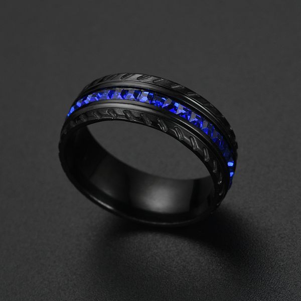 

8mm tire tread style grooved middle blue crystal ring men jewelry rock punk vintage black stainless steel party jewelry, Golden;silver