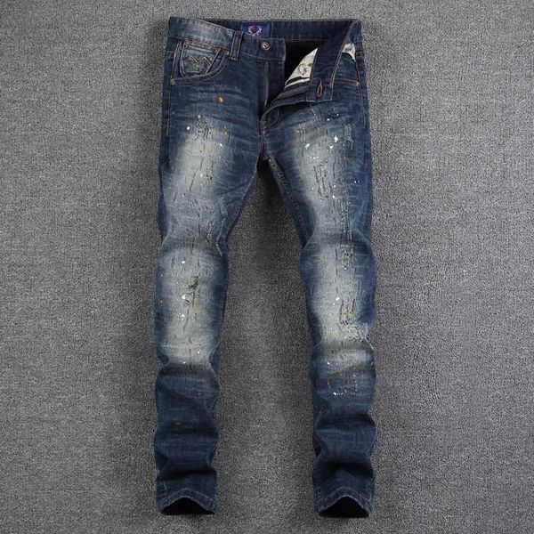 

european american high street fashion mens jeans dark blue color dirty paint ripped jeans for men slim fit brand pants