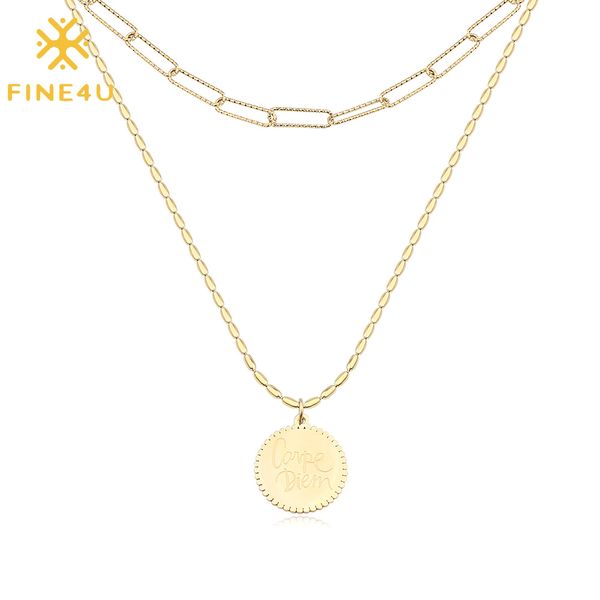 

fine4u n551 gold layered round disc pendant long stainless steel statement choker necklace for women teen girls y200730, Silver