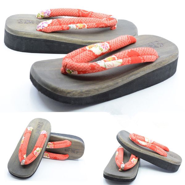 

women's cosplay shoes mid heel japan geta classic flip flops beach slippers summer wood sandals, Black