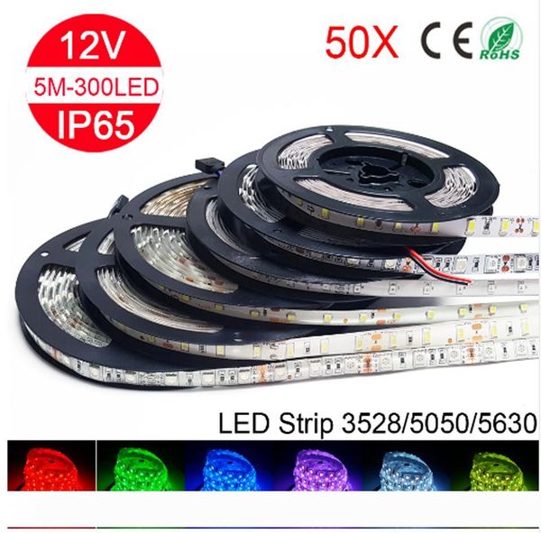

wholesale 5m rgb led strip light 5050 5630 2835 3528 smd 60leds m led stripe string flexible ribbon led tape waterproof 250meter 50pcs lots