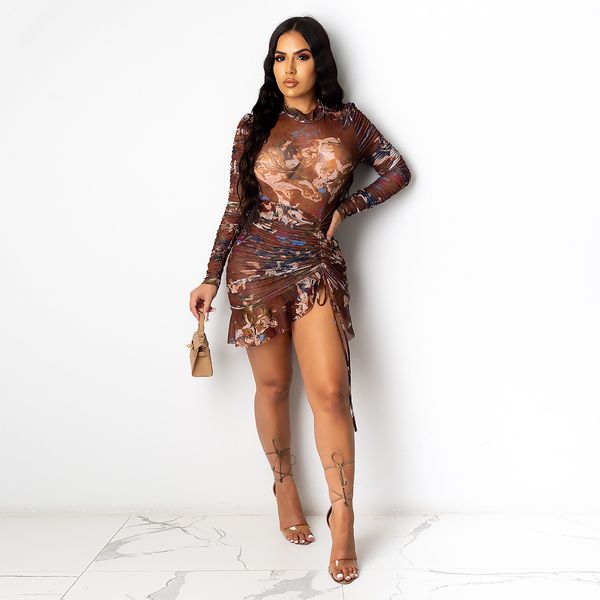 

spring and autumn women's mini dress crew neck long sleeve mesh polyester blending printing dresses bandage pleated fashion, Black;gray
