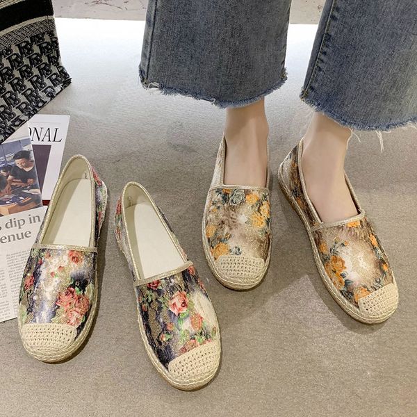 

women flowers print flats 2020 autumn new fashion shoes female espadrilles straw fisherman woman loafer ladies casual shoe 8446n, Black