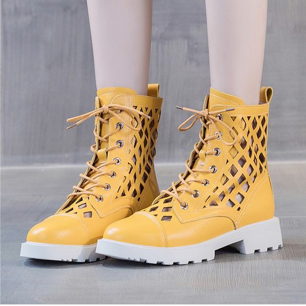 

women mid-calf boots woman 2020 autumn genuine leather hollow out breathable boot women's shoes platform female plus size 42, Black