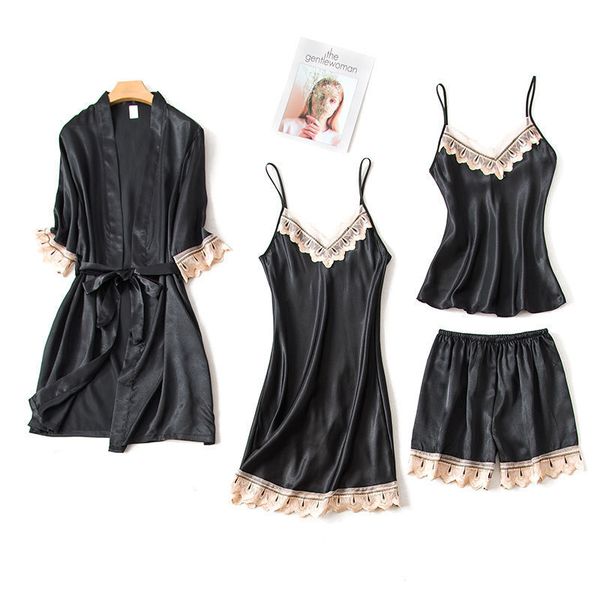 

summer women pyjamas-sets 4 pcs lace pyjamas women satin sleepwear simple pure color leisure nightwear, Black;red