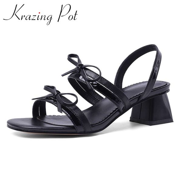 

krazing pot genuine leather peep toe square high heels butterfly-knot korean street pretty girls daily wear sandals women l36, Black
