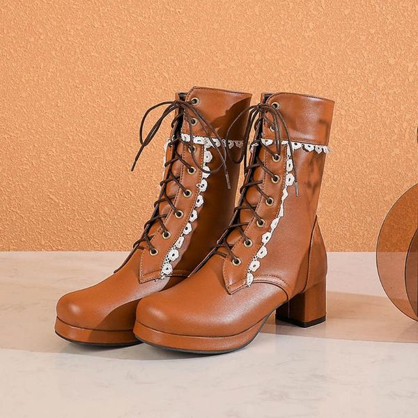 

new fashion european style leather gothic boots women's fashion lace leather boots square head thick heel strap casual booties, Black