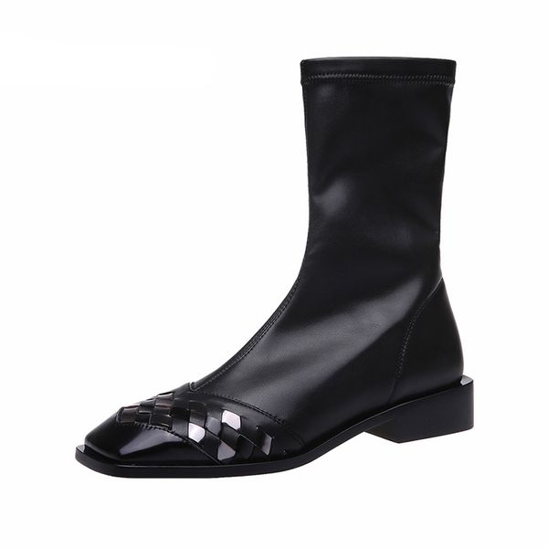 

women boots cow leather square toe ankle boots zipper flat heel closure winter lady boots handmade shoes, Black