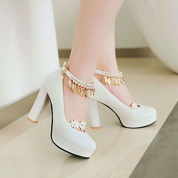 

women's ankle beaded platform high heels round toe pumps buckle casual shoes, Black
