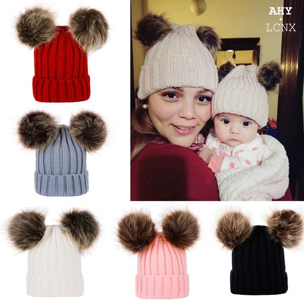 

beanies 2pcs winter parent-child hat women hats real raccoon fur pompom kids autumn boys girls chunky thick knitted