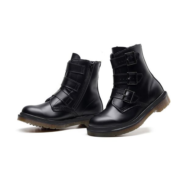 

new arrival women designer boots three buckle genuine leather heavy duty motorcycle winter ankle booties big size 35-41, Black