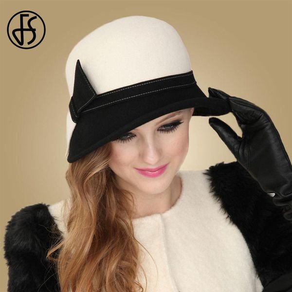 

fs wide brim white wool hats bow bowler fedora hat for women chapeau femme feutre winter cloche ladies church felt fedoras caps y200102, Blue;gray
