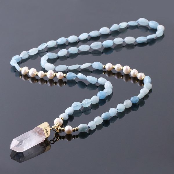 

natural energy irregular crystal column long crystal crushed stone black tourmaline sea blue treasure exquisite pendant necklace, Silver