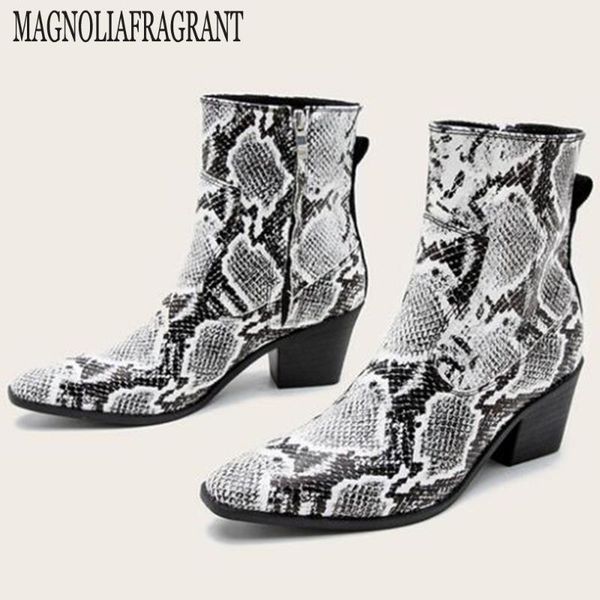 

winter fashion women ankle boots zip round head footwear thick high heels female boot shoes women 2020 snakeskin bootie ay60, Black