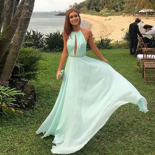 Novo design simples halter pescoço chaveiro buraco festa de hortelã vestido de baile uma linha chiffon retrocessante vestidos de noite elegante