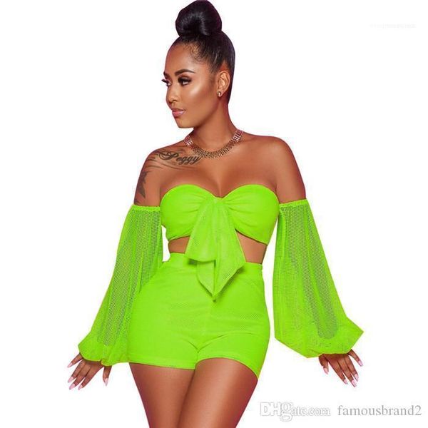 

2pcs sets perspective two piece womens shorts sets solid color long sleeve sheer high waist womens, White