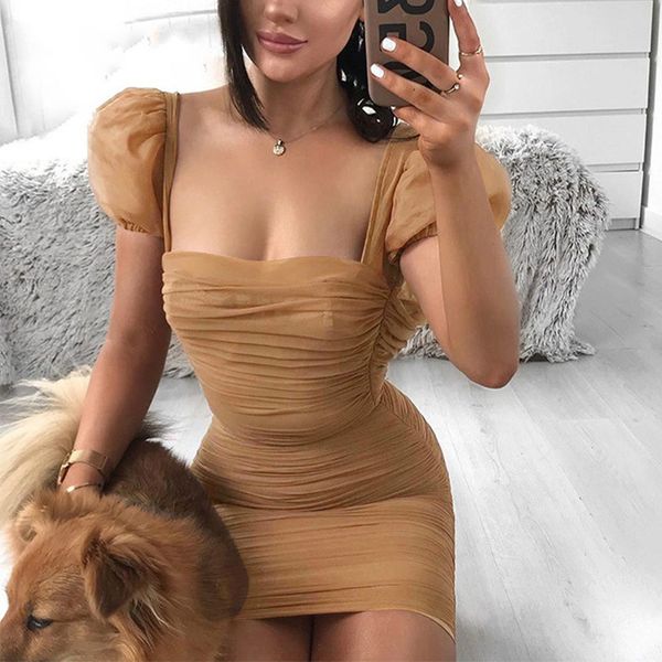 

septhydrogen brand designer forefair puff sleeve mesh dress transparent mini square neck vintage fashion club party bodycon dress women, White;black